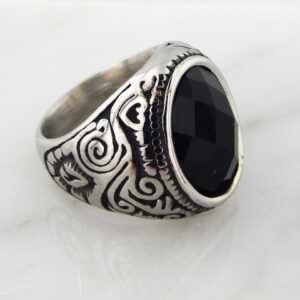 Anillo Acero Piedra Negra Ovalada