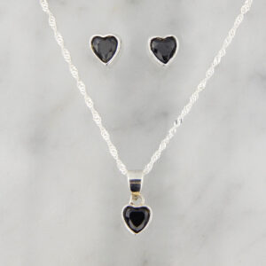 Conjunto Aros y Collar Plata Corazón Cubic Negro 6 mm