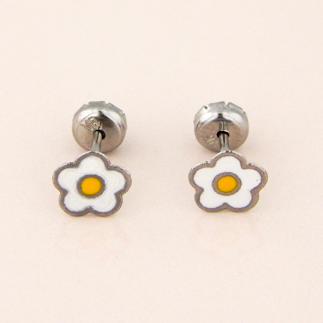 Aros Acero Abridores Flor Blanca y Amarilla