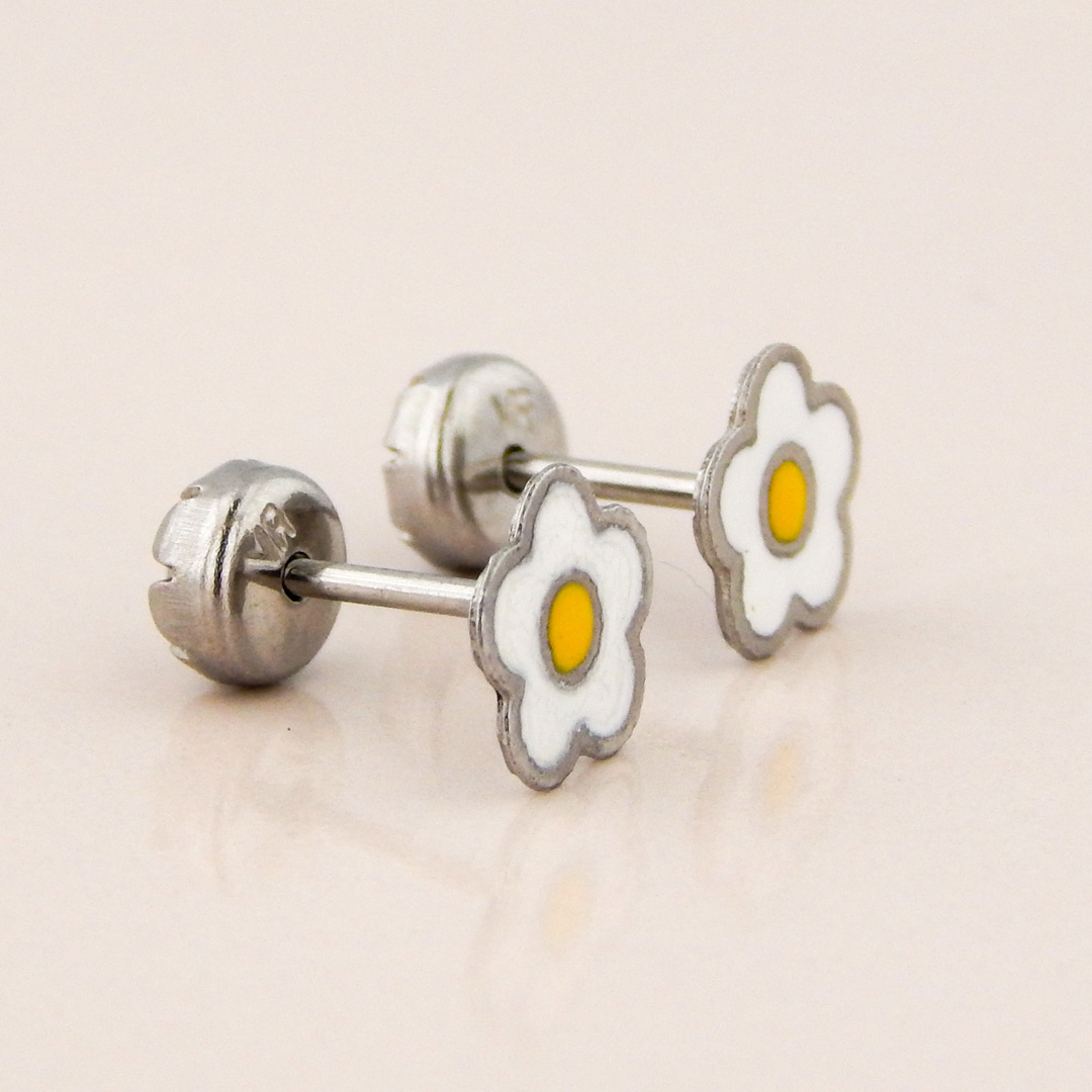 Aros Acero Abridores Flor Blanca y Amarilla - Imagen 2