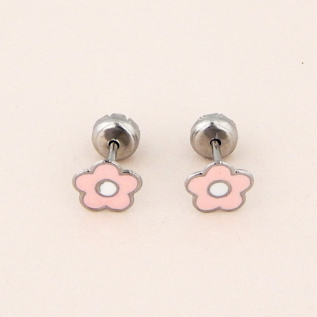 Aros Acero Abridores Flor Rosa y Blanca