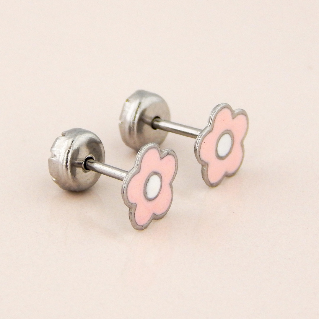 Aros Acero Abridores Flor Rosa y Blanca - Imagen 2