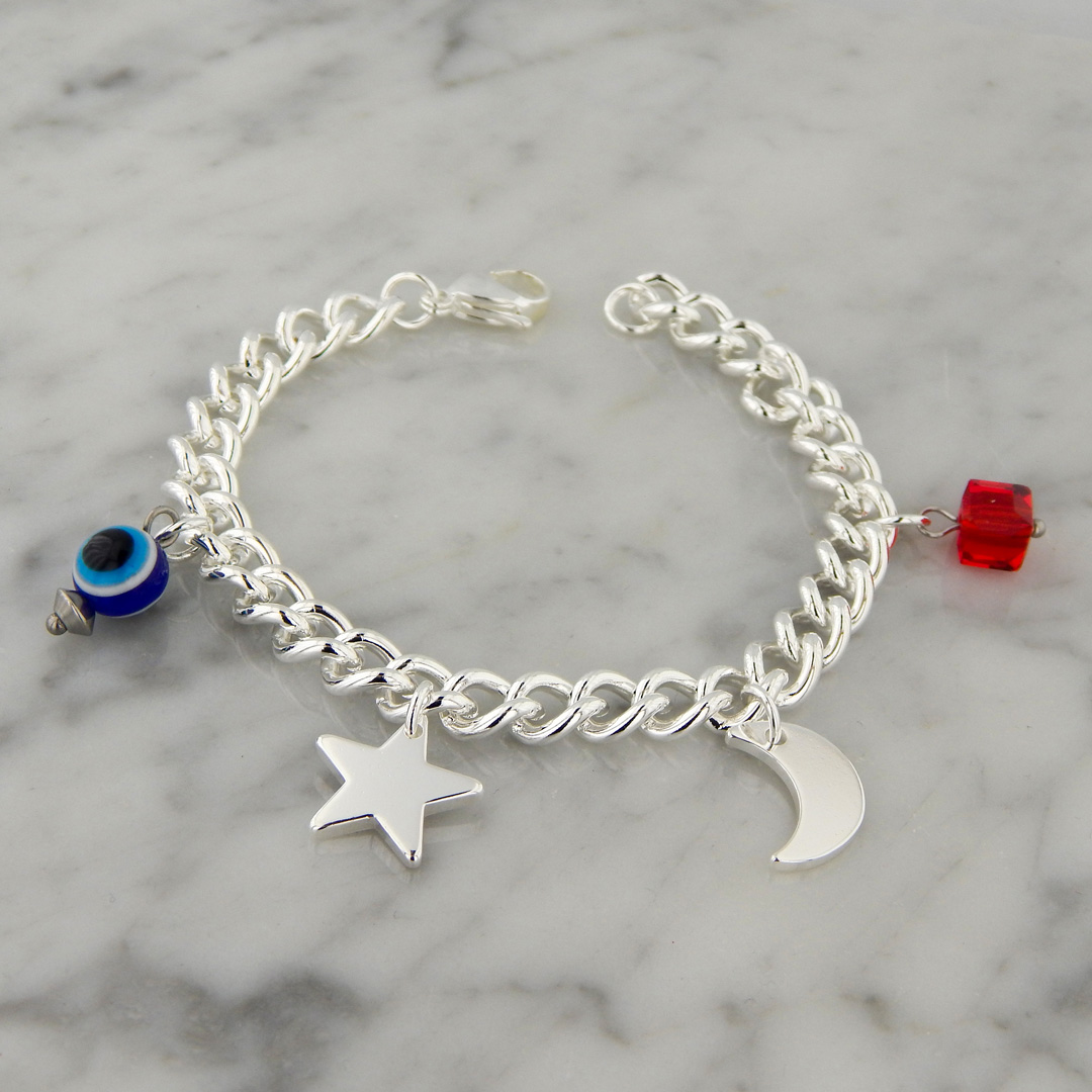 Pulsera Acero Blanco Estrella, Luna, Ojo Turco y Cubo Rojo
