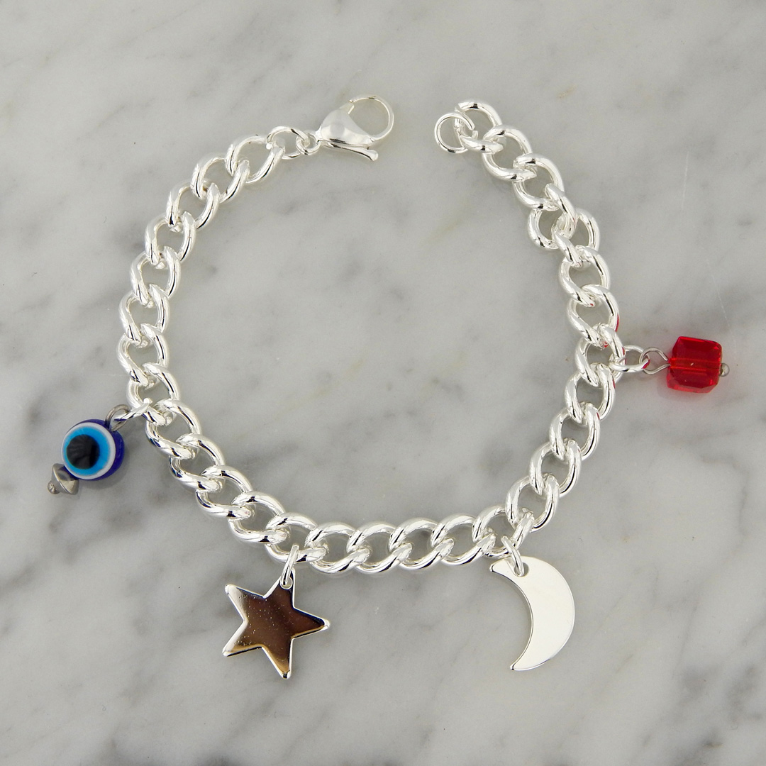 Pulsera Acero Blanco Estrella, Luna, Ojo Turco y Cubo Rojo - Imagen 2