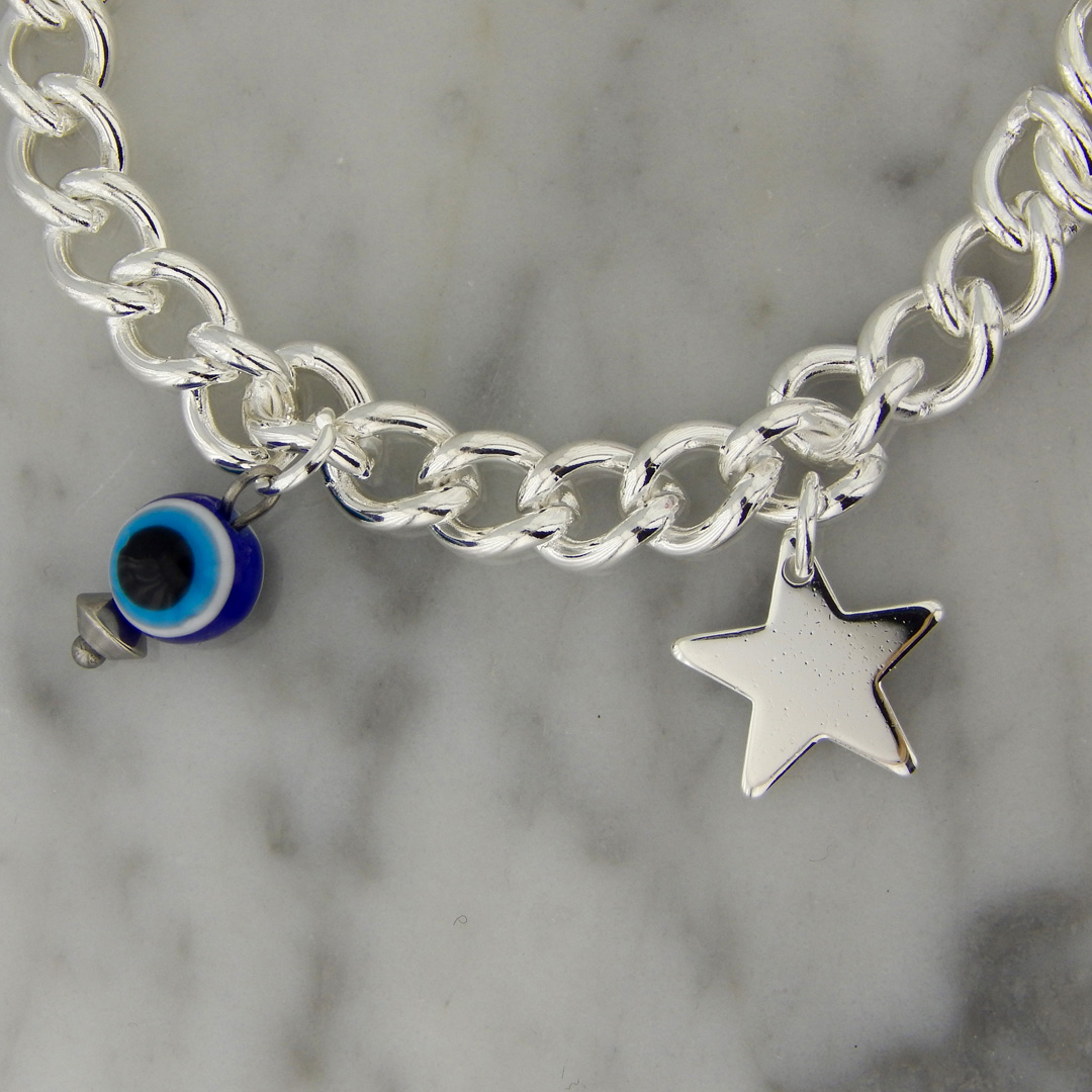 Pulsera Acero Blanco Estrella, Luna, Ojo Turco y Cubo Rojo - Imagen 3