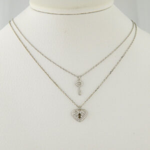 Collar Plata Doble Llave y Corazón Candado Cubic Micropavé