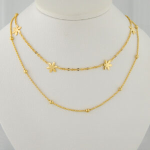 Collar Acero Dorado Doble Bolitas y Flores