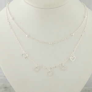 Collar Acero Blanco Doble Corazones Calados Bolitas