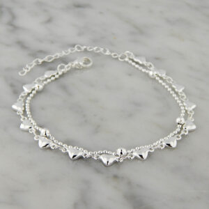 Pulsera Doble Acero Blanco Corazones Bolitas