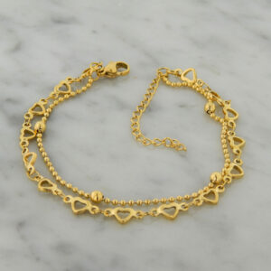 Pulsera Doble Acero Dorado Corazones Calados Bolitas