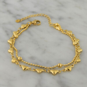 Pulsera Doble Acero Dorado Corazones Bolitas