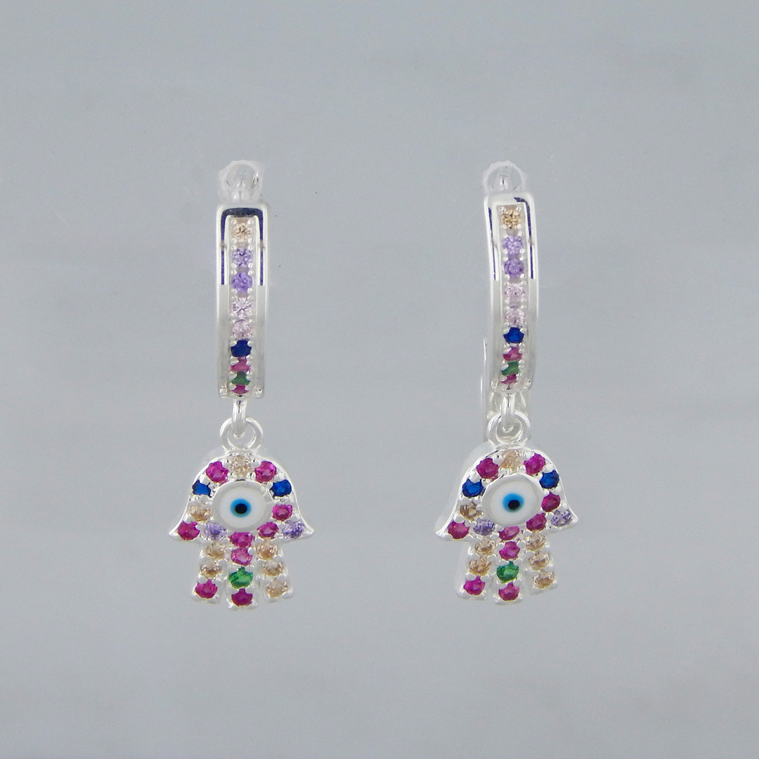 Aros Plata Cubic Colores Mano de Fátima Ojo Turco