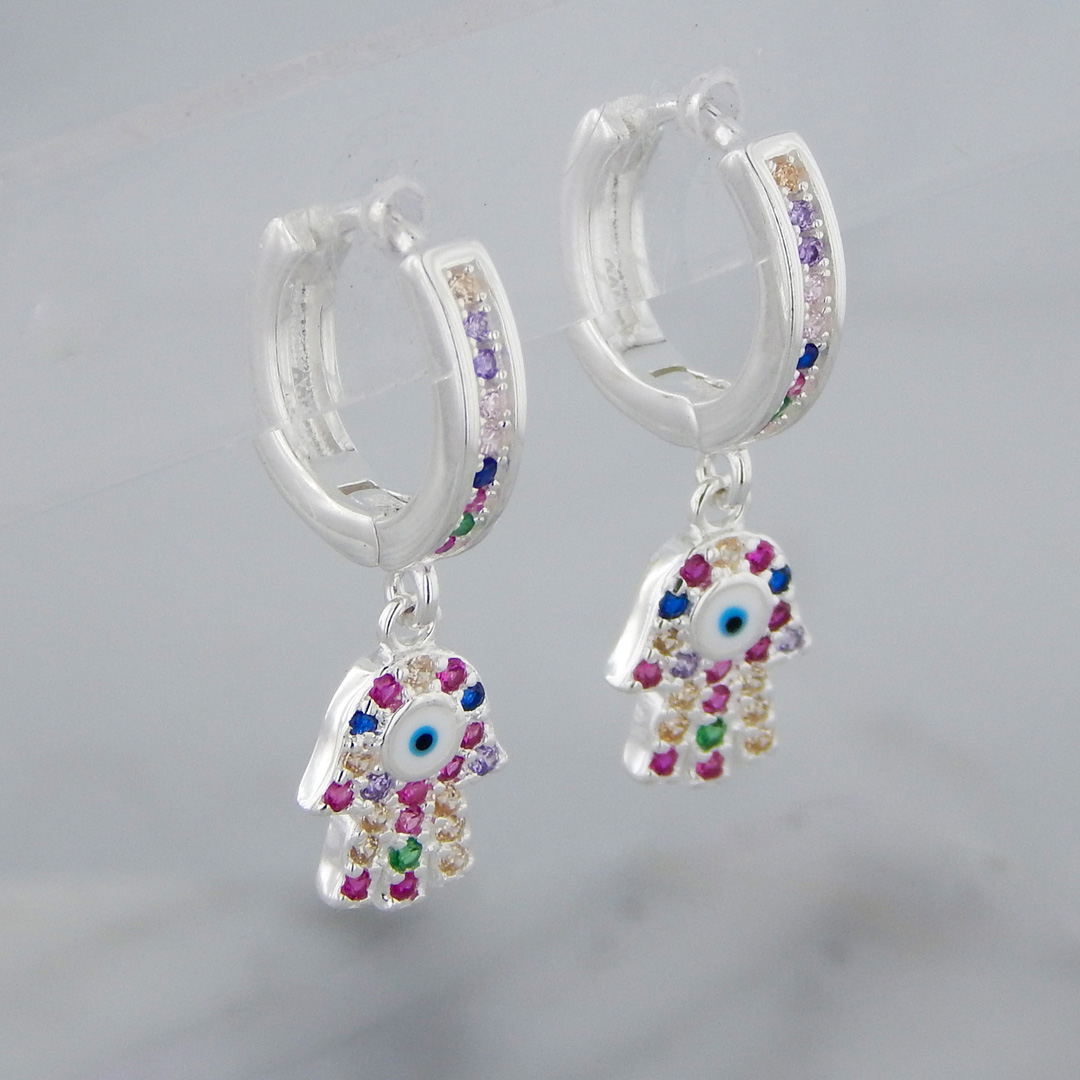 Aros Plata Cubic Colores Mano de Fátima Ojo Turco - Imagen 2