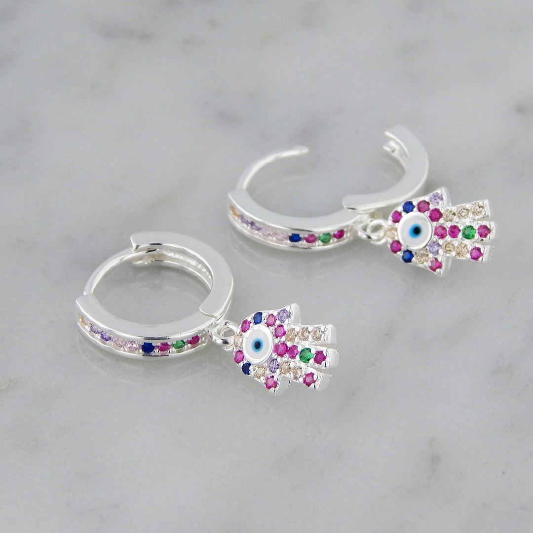 Aros Plata Cubic Colores Mano de Fátima Ojo Turco - Imagen 3