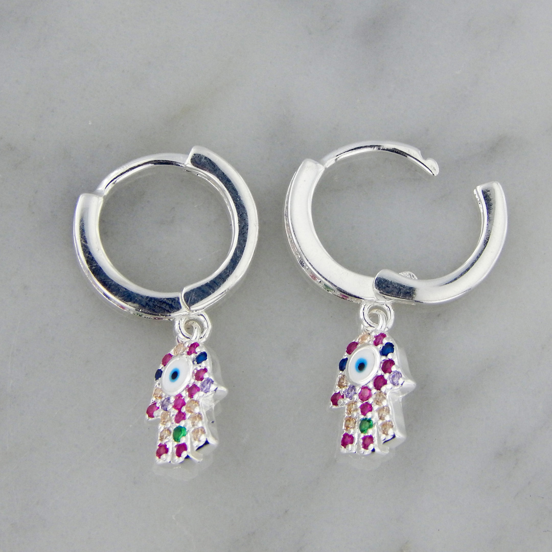 Aros Plata Cubic Colores Mano de Fátima Ojo Turco - Imagen 4