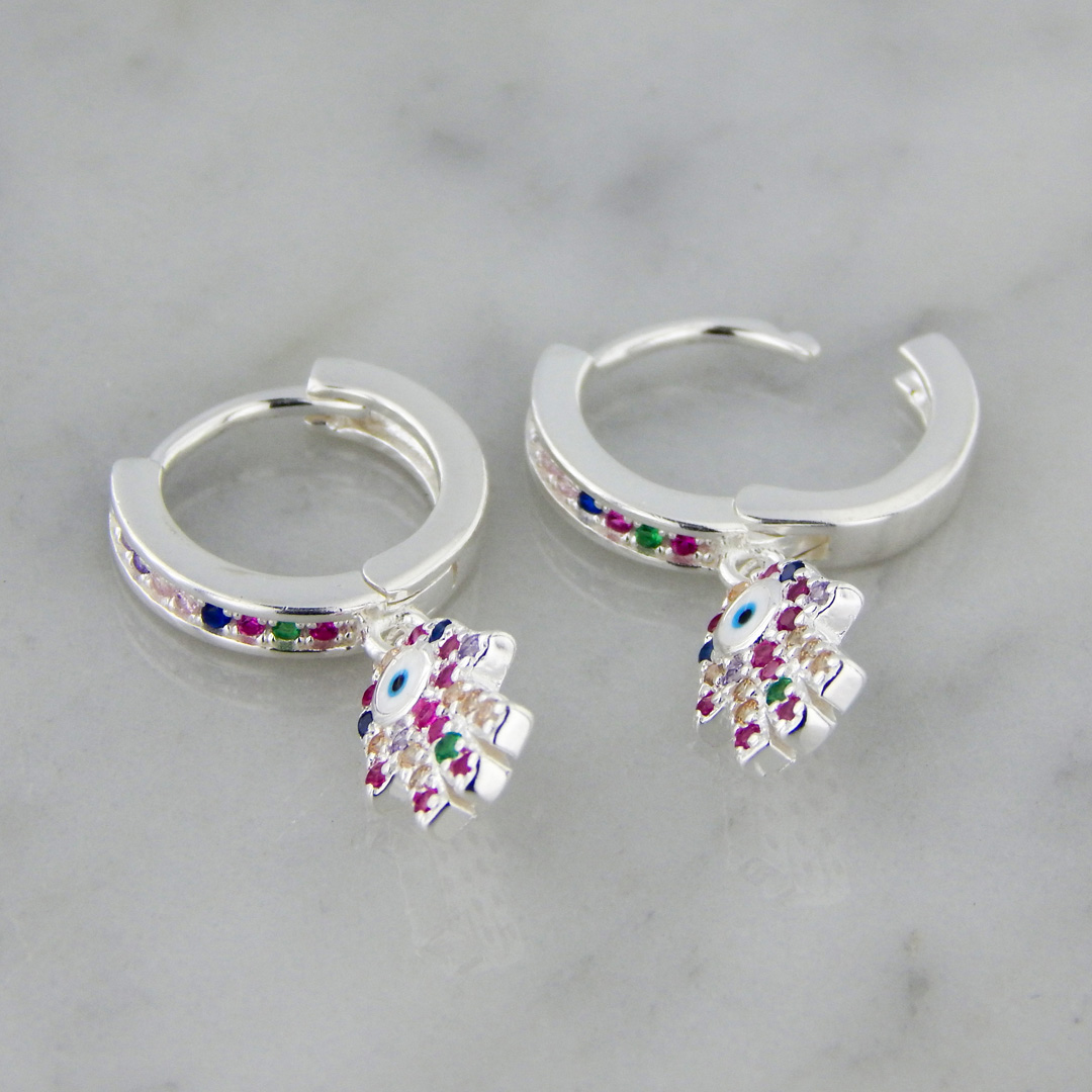Aros Plata Cubic Colores Mano de Fátima Ojo Turco - Imagen 5